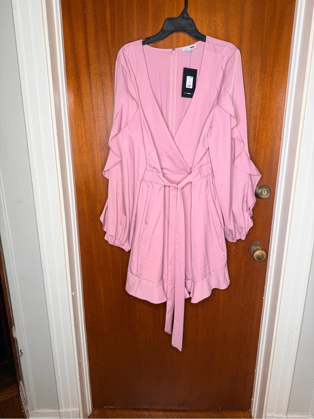 Fashion Nova Blush Pink Ruffle Sleeve Wrap Romper